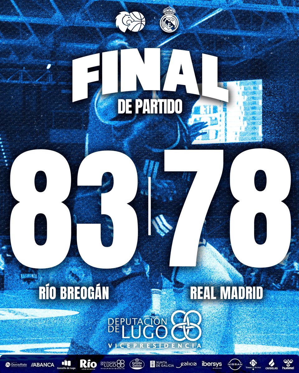 𝗙𝗜𝗡𝗔𝗟 𝗗𝗢 𝗣𝗔𝗥𝗧𝗜𝗗𝗢

Enorme vitoria e esforzo do equipo! Mañá xogaremos polo título fronte a <a href="/valenciabasket/">Valencia Basket Club</a> 🤩

🔴 RÍO BREOGÁN 8⃣3⃣
🔵 <a href="/RMBaloncesto/">Real Madrid Basket</a> 7⃣8⃣

🏀 Semifinal @ADC_Encestarias
📍 Pavillón de Deportes de Pontevedra
📺 / youtube.com/watch?v=--xPPw…