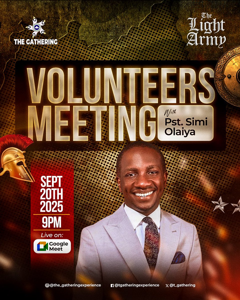 t_gathering's tweet photo. _”As each has received a gift, use it to serve one another, as good stewards of God’s varied grace.” -1Peter 4:10_

To be part of The Light Army, one must be ready to Serve🙇‍♂️

Date: 20th of September 2025
Time: 9pm
Venue: Google Meet

#TheGathering
#TheGathering2025
#TheLightArmy https://t.co/oYlsoDpGYq