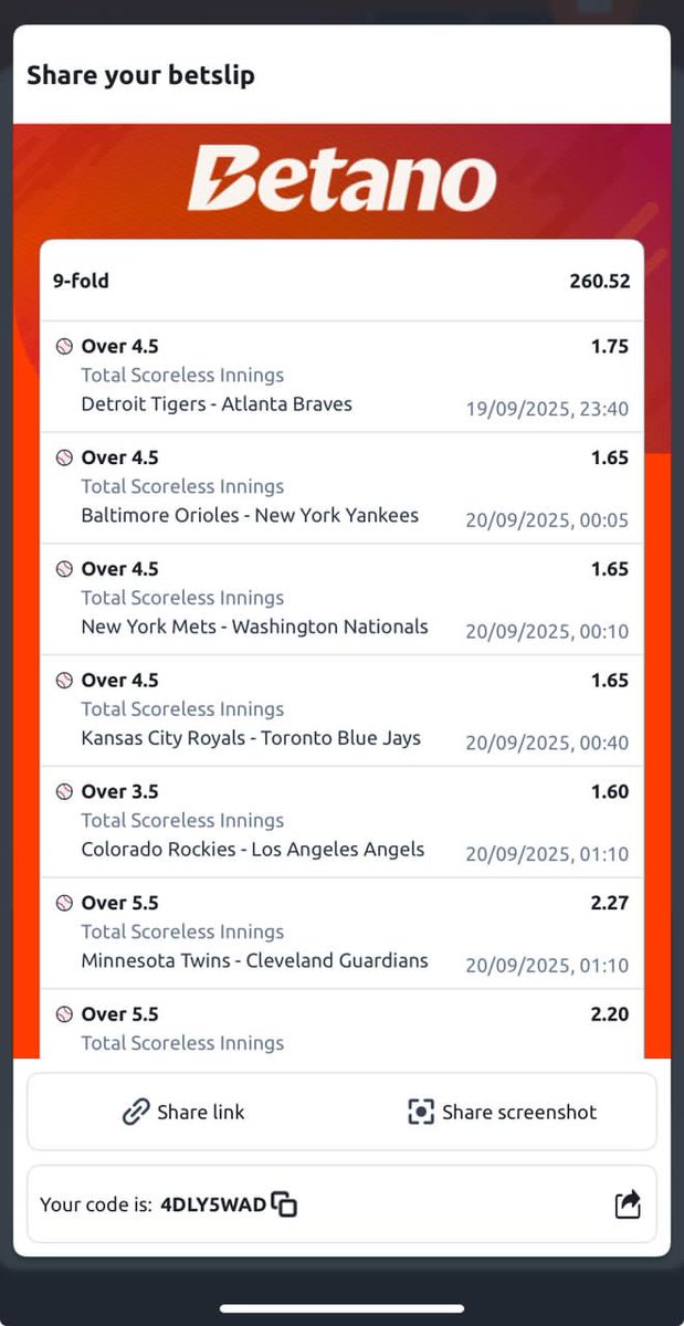 6k odds : F5XR66XC

260 odds edit : 4DLY5WAD

Baseball total scoreless innings ⚾️