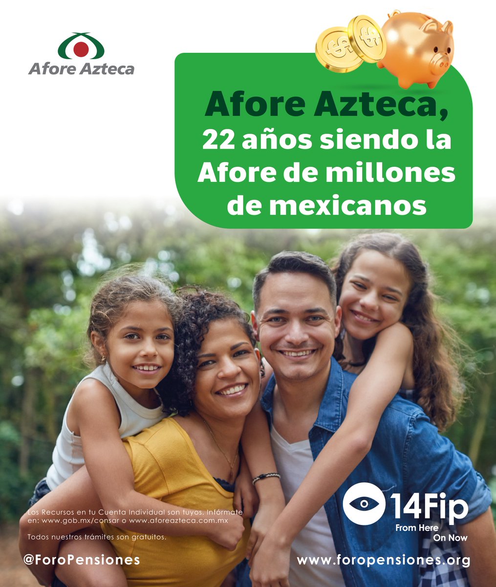 Porque tu futuro es lo más importante, llevamos 22 años cuidándolo junto a millones de mexicanos.

Afore AztecaOrgulloso patrocinador de la 14ª edición del Foro Internacional de Pensiones.

#14FIP #ForoInternacionaldePensiones #fromhereonnow #AFOREAZTECA