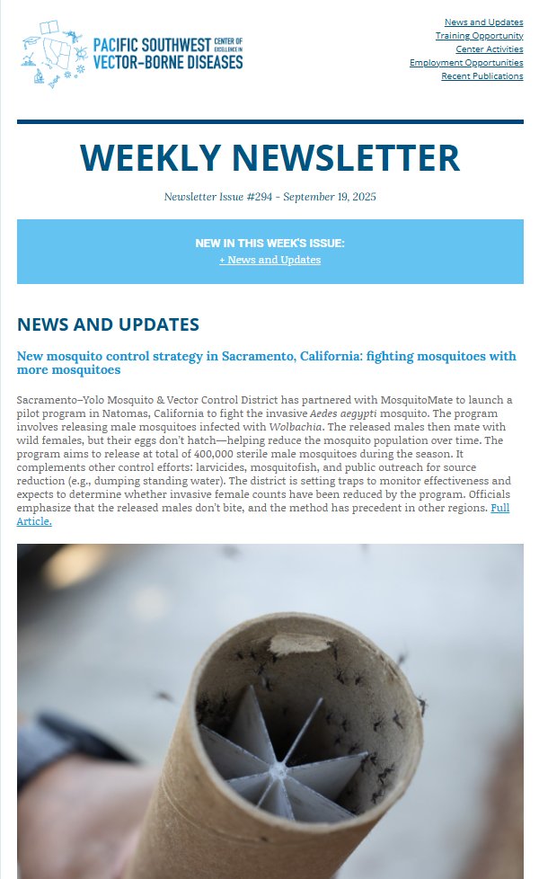 Read about New mosquito control strategy in Sacramento,California and other news highlighted in this week's PacVec Newsletter 09-19-2025: mailchi.mp/bb70253f202e/p…