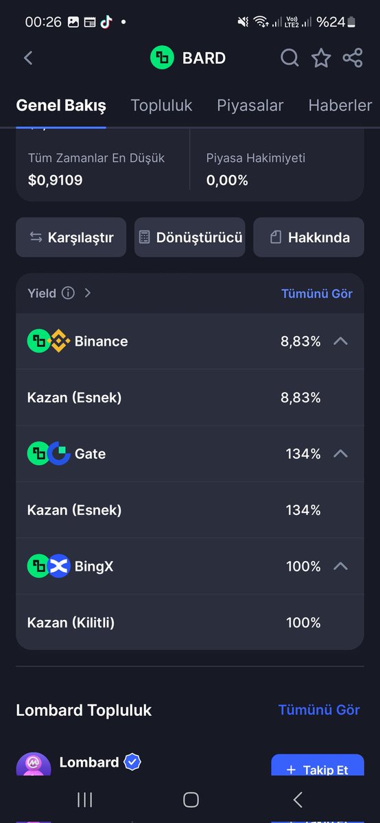 $BARD coin için Market cap 200 m fdv ise 900 milyon ! Staking platformu için çok fazla bu ayrıca Verilen faiz oranları da çok yüksek uzun vade aşırı riskli bir coin spot yerine short aranabilir #BARD #lombard