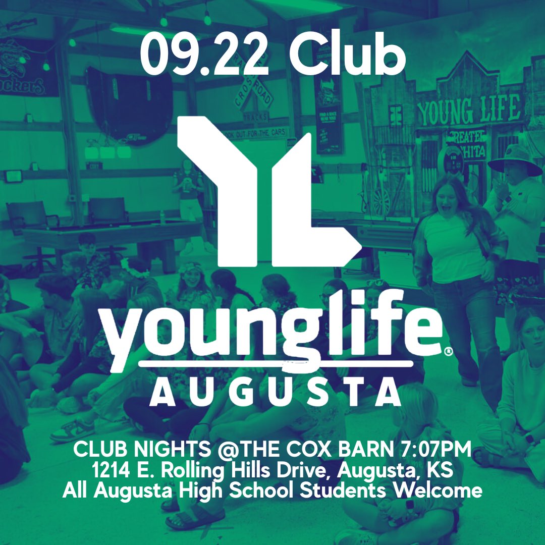 YLAugustaKS's tweet photo. It’s happening THIS Monday, 9/22, at The Cox Barn!

⏰ 7:07PM
📍 1214 E. Rolling Hills Dr., Augusta, KS

Come hang out and be part of something bigger.
👉 All Augusta High School students are welcome—bring a friend!

#YoungLifeAugusta #YLClub https://t.co/pNDTTJd9Sk