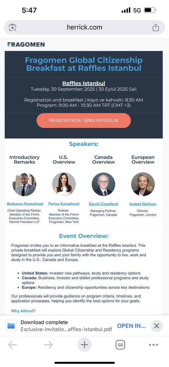 New York’un onde gelen avukatlik firmalarindan Fragomen, Raffles İstanbul’da duzenlendigi özel kahvaltıda, ABD, Kanada ve Avrupa'da yaşama, çalışma ve yatırım yapma imkanlarini anlatacak.  Kayit icin comms.herrick.com/71/1940/august…  <a href="/TurkofAmerica/">TURKOFAMERICA</a>