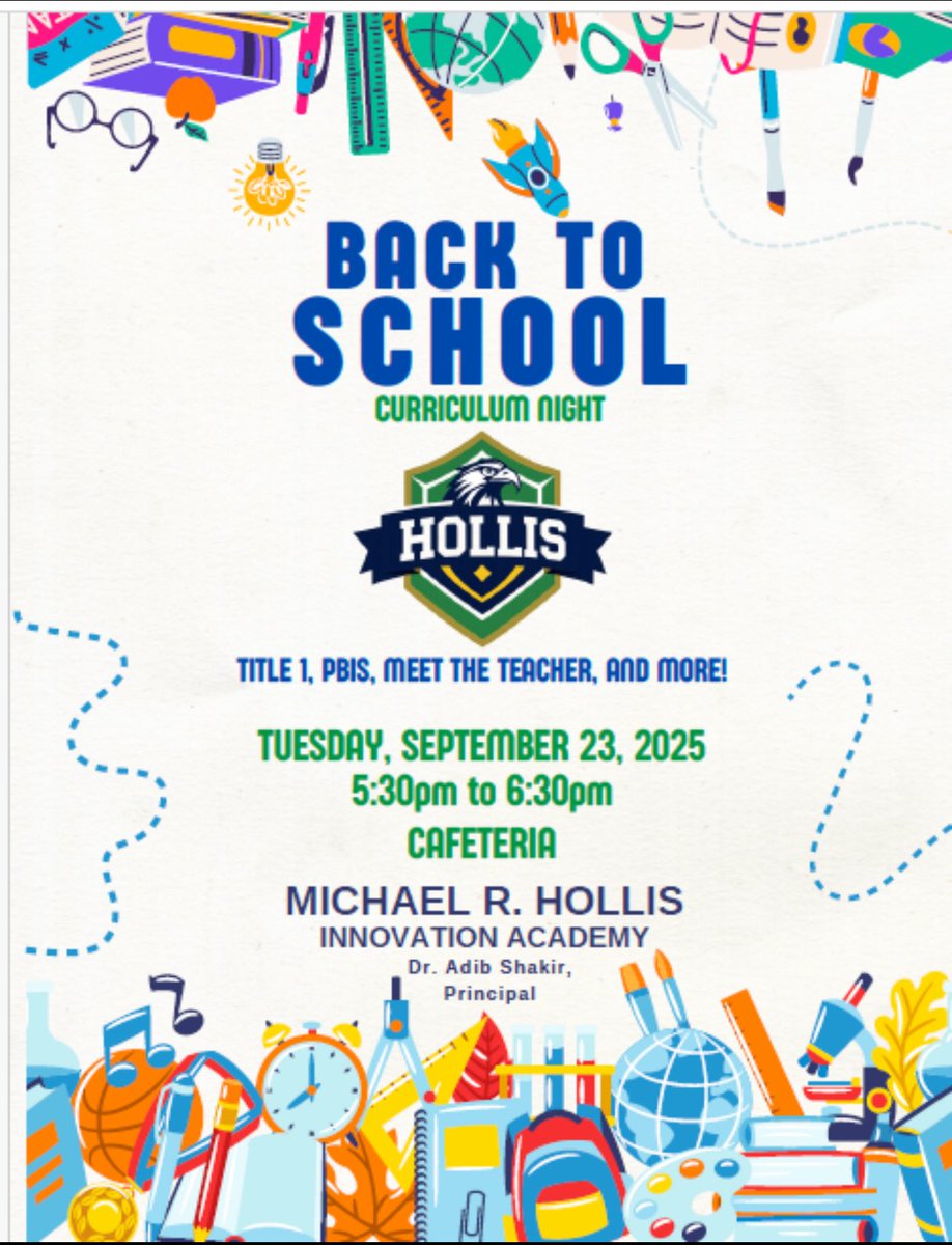 ✨ <a href="/APSHollisCrew/">Hollis Innovation Academy</a> Blue Hawk Families, join us for Back to School Curriculum Night on Tuesday, Sept. 23, 2025 (5:30–6:30pm) in the cafeteria! 🦅💙Come meet the teachers, learn about Title I &amp; PBIS, and see how we’re RISE'ng this year! <a href="/apsupdate/">ATL Public Schools</a> <a href="/ShellyGoodrum/">Shelly H. Goodrum</a> <a href="/HeyyyMelanieAPS/">Melanie Johnson</a>