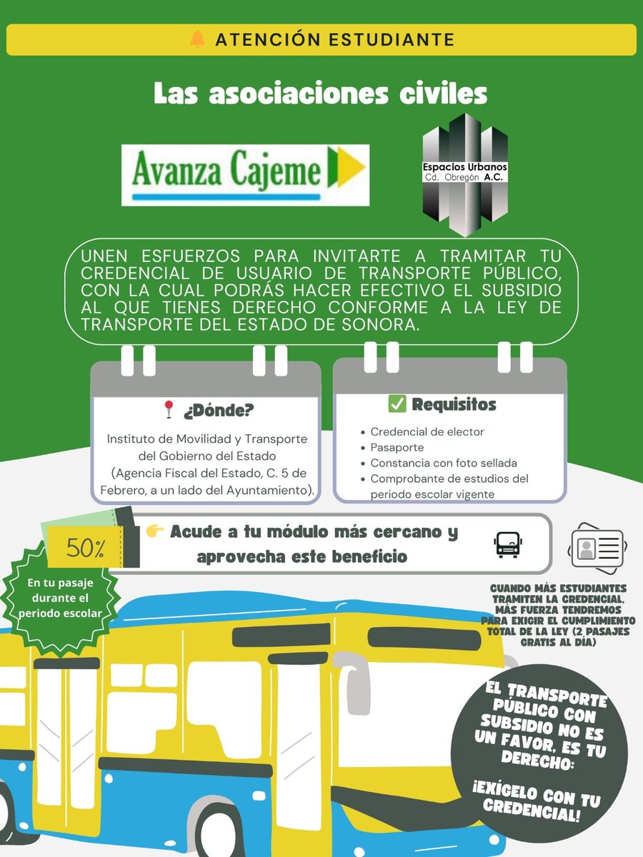 🟢 ¡ATENCIÓN ESTUDIANTES!

🎓 El primer paso para obtener el beneficio de 2 pasajes gratis 🚍 es tramitar tu credencial de Usuario de Transporte.

👉 ¡No dejes pasar este beneficio, actívate y haz valer tu derecho!

#Infórmate #Actívate
#ParticipaciónCiudadana #AvanzaCajeme