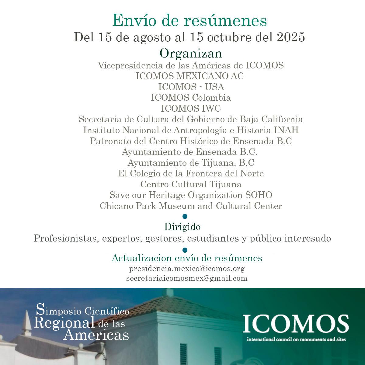 elcolef's tweet image. #Convocatoria 🔎 Participa en el 1er Simposio Científico Regional de las Américas del #ICOMOS Mexicano «Patrimonio Compartido, más allá de las Fronteras». 🕍📚

Envío de resúmenes 🗓 Hasta el 15 de octubre
Contacto 📨 presidencia.mexico@icomos.org / secretariaicomosmex@gmail.com