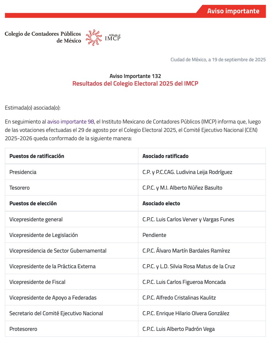 colegiocpmexico's tweet image. ⚠️El #IMCP informa que, luego de las votaciones efectuadas el 29 de agosto por el Colegio Electoral 2025, el #CEN 2025-2026 queda conformado de la siguiente manera.

Aviso Importante: ow.ly/GePg50WZIgq