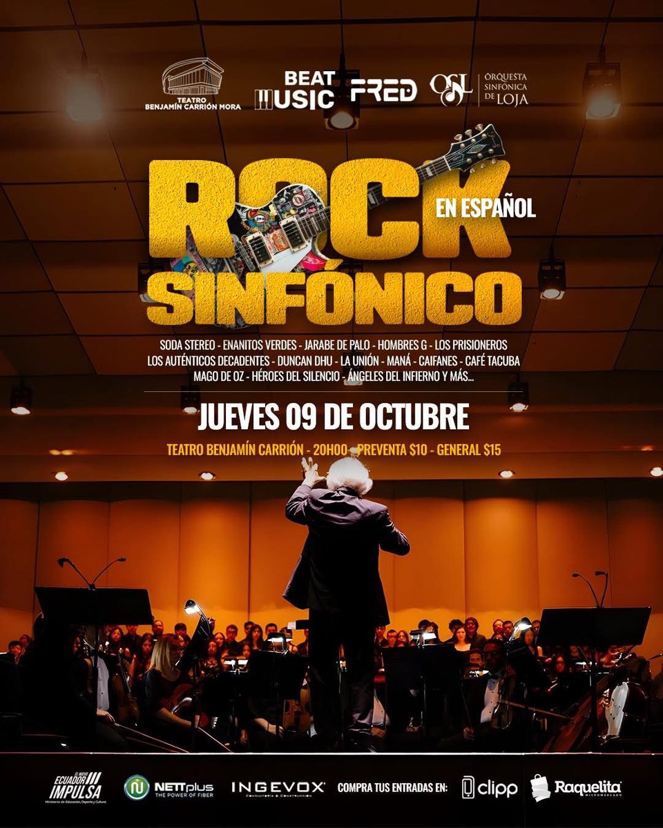 La Orquesta Sinfónica de #Loja se une al grupo Fred para presentar un espectáculo único: Rock Sinfónico en Español.

Jueves, 09 de octubre en el Teatro Benjamín Carrión. Entradas en preventa limitadas a solo $10. General $15. Puntos de venta: Raquelita y Clipp. No te lo pierdas!