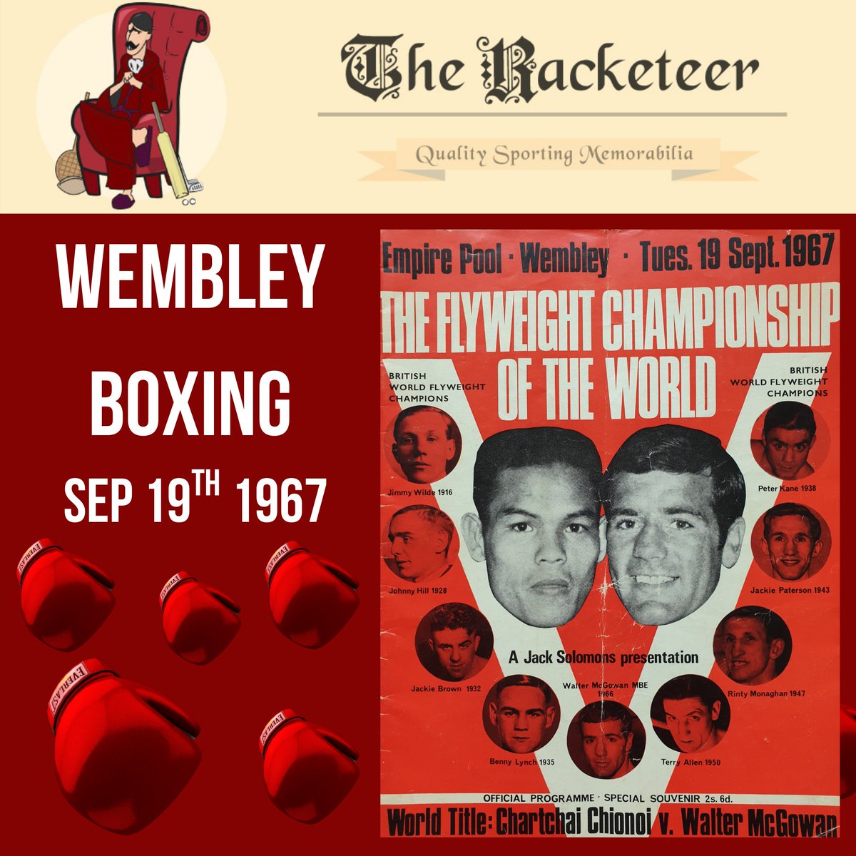 Theracketeer1's tweet photo. #OnThisDay in 1967 and Chartchai Chionoi knocked out Walter McGowan in 7 rounds, to win the WBC flyweight title at #Wembley
#boxing #boxingprogrammes @WembleyArchive #boxingmemorabilia
https://t.co/UmA1VZnqpW https://t.co/h9Mkikj5pS