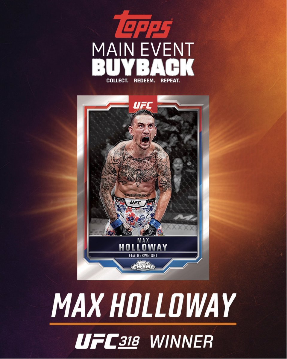 Reminder, Topps Main Event Buyback! Bring in 2025 Topps Chrome #100 Max Holloway to receive store credit <a href="/MVPSportsCardz/">MVP Sports Cards</a>
#TOPPS#fanatics#promotion#ToppsMVPBuyback#thehobby#UFC318#tradingcard#tradingcards#sportscards#tradingcards#cardcollector#maxholloway