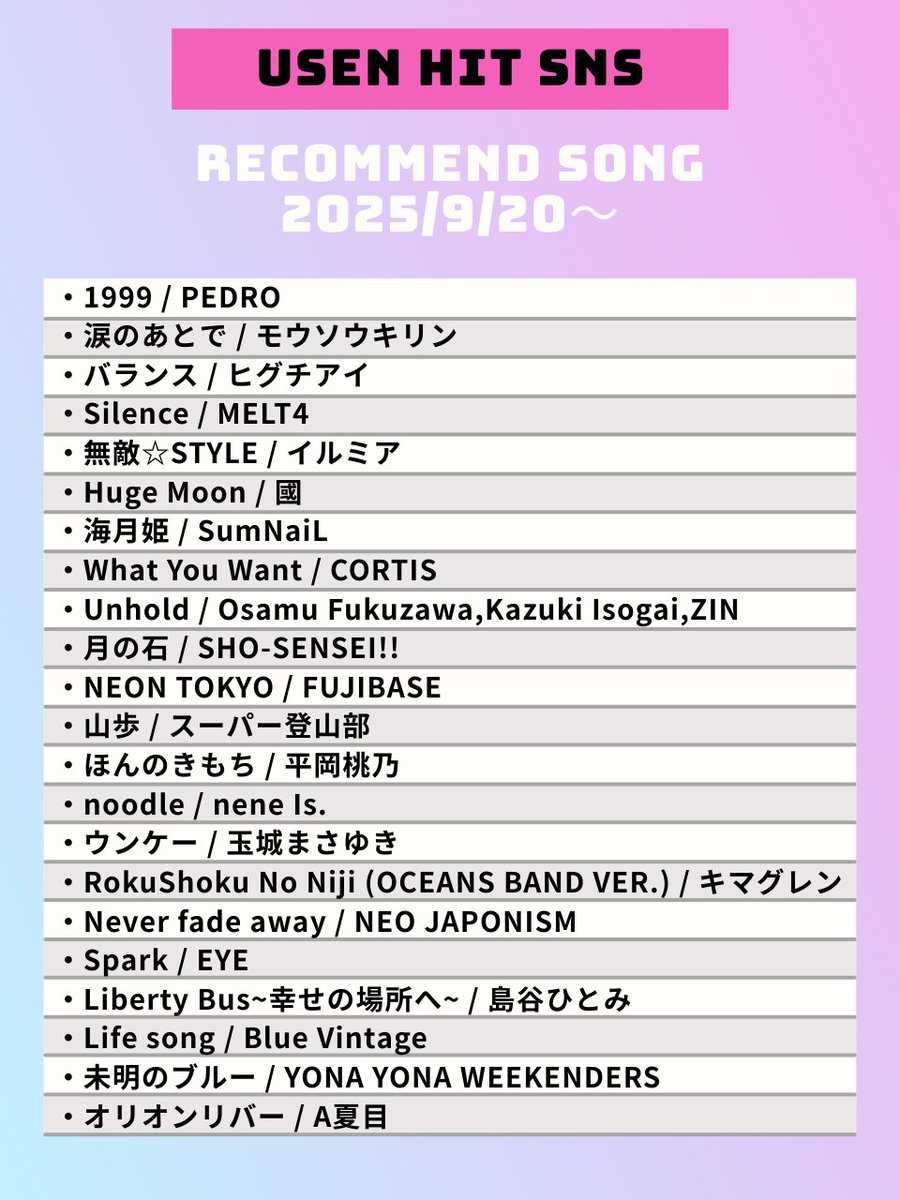 USEN_HITS's tweet image. 【9/20～のUSEN HIT SNS注目曲】
気になるアーティストがいたらリポスト🥰