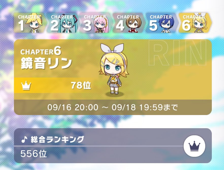 a1t_0140's tweet photo. Link the Beats!
Chapter.6  鏡音リン  78位！！！
総合  556位！！！

初めてのガチランで何も分からない中、
たくさんの方に支えていただきました！
支援して下さった方々、本当にありがとうございました！
最高のイベランになりました！ https://t.co/n6Y0gn3JDg