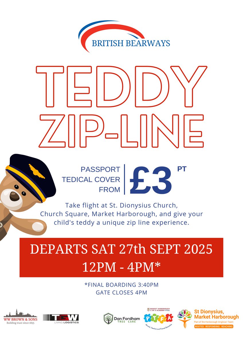 This Saturday 27th September is your Teddy Bear Ready to Take a flight at St Dionysius Church for a unique experience for your child’s favourite bear.
#Harborough #teddy #bearways <a href="/harblibdems/">harblibdems</a> <a href="/hfmnews/">HFM News</a> <a href="/WhatsonHFM/">WhatsonHFM</a> <a href="/HarbMail/">Harborough Mail</a> <a href="/AllHarborough/">AllThingsHarborough</a> <a href="/HarboroughDC/">HarboroughDC</a> <a href="/HarbMarket/">Harborough Market</a> <a href="/leicestercofe/">Diocese of Leicester</a>