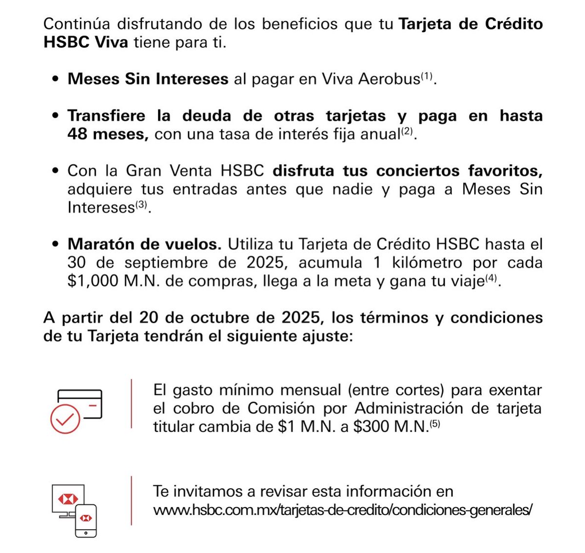 ⚠️ Atención usuarios de HSBC VIVA
A partir del 20 de Octubre del 2025 el gasto mínimo mensual para exentar comisión por administración sube de $1 MXN a $300 MXN ❌