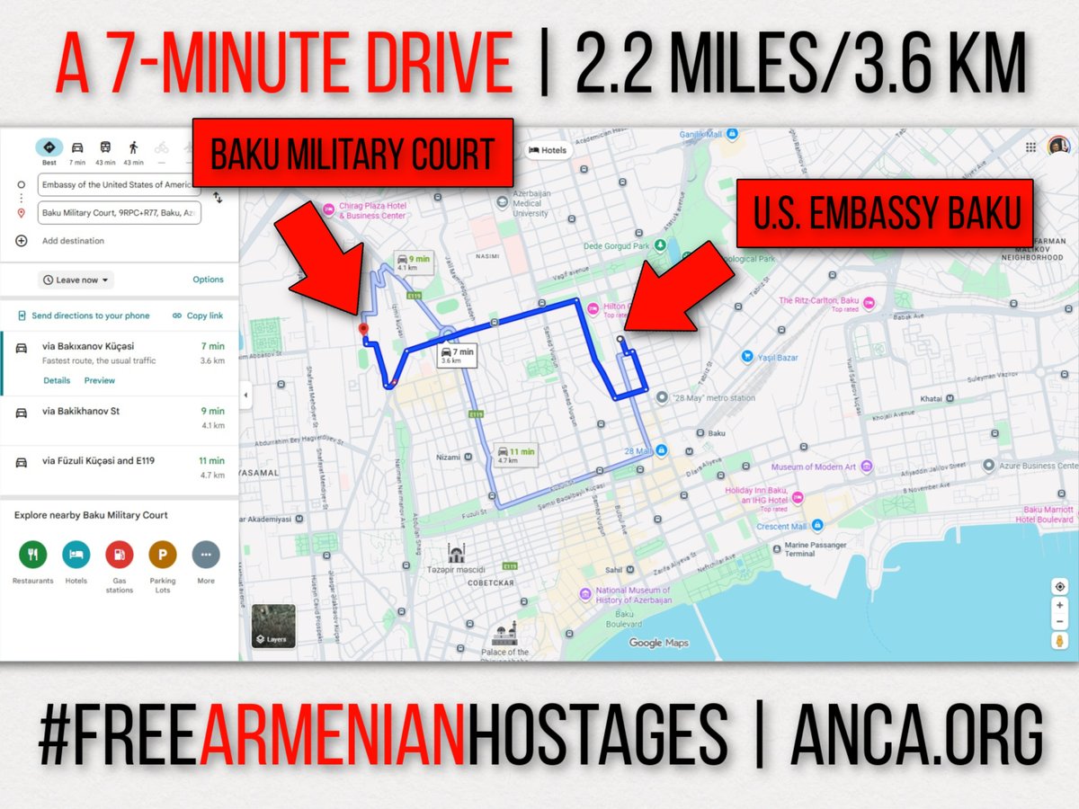 A 7-minute drive (2.2 miles/3.6 km)

From <a href="/USEmbassyBaku/">U.S. Embassy Baku</a> to the Baku Military Court

With <a href="/ICRC/">ICRC</a> now banned from Azerbaijan, denied access to Christian Armenian hostages, our US Embassy must step up by observing their sham trials, visiting them in detention

#FreeArmenianHostages