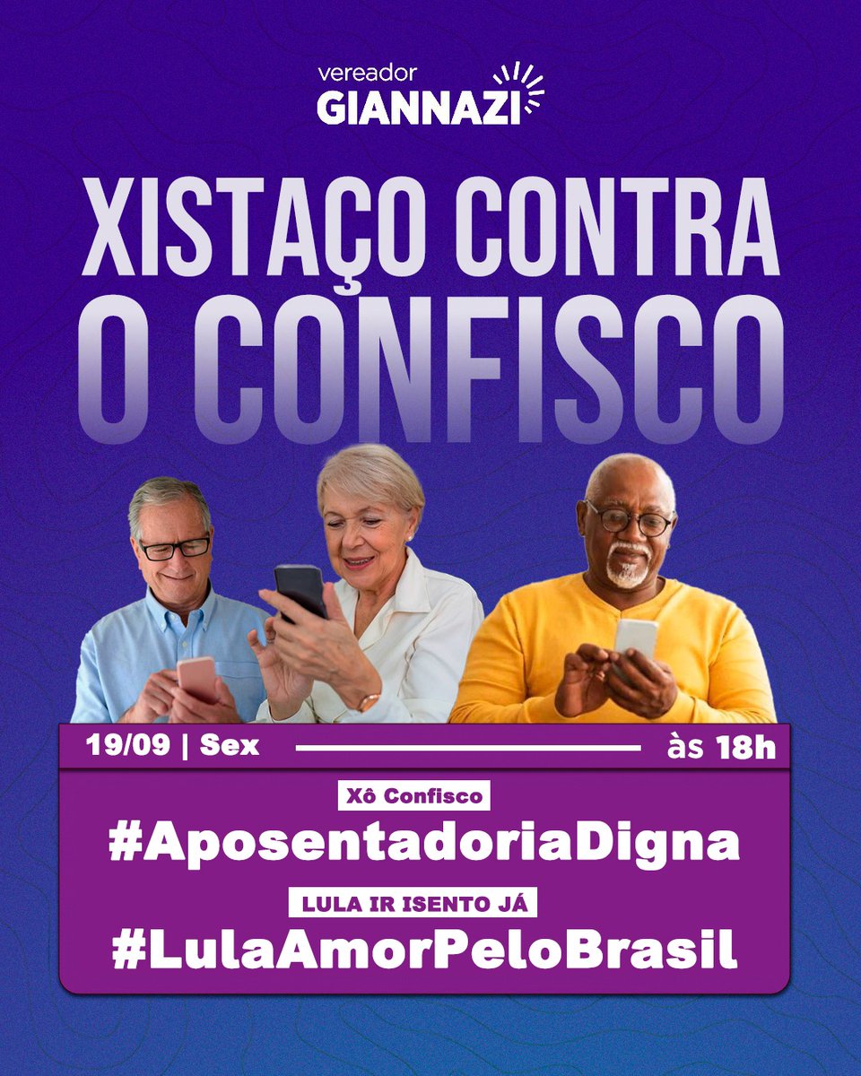 <a href="/carlosgiannazi/">Prof Carlos Giannazi</a> "O tempo passa e os aposentados sofrem. STF, é urgente retomar o julgamento do confisco da EC103/19. <a href="/STF_oficial/">STF</a>
@nunesmarquesK
<a href="/MinAMendonca/">André Mendonça</a>
<a href="/Cristianozaninm/">Cristiano Zanin Martins</a>
<a href="/FlavioDino/">Flávio Dino 🇧🇷</a>
LULA IR ISENTO JÁ    Xõ  Confisco
#LulaAmorPeloBrasil
#AposentadoriaDigna"