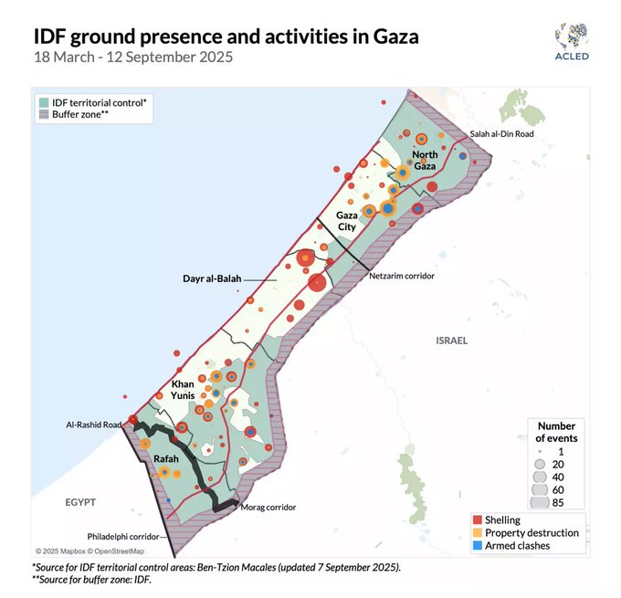 A map of Gaza showing IDF ground presence and activities as of 18 March 12 September 2025. Colored regions indicate IDF territorial control and buffer zones. Dots represent events, with red for shelling, orange for armed clashes, and yellow for building destruction, concentrated in areas like Gaza City, Khan Younis, and Rafah. Text overlays include event numbers, location names, and a legend.