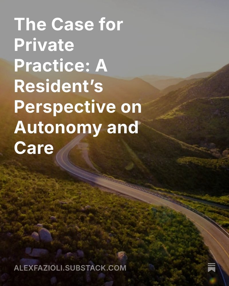 AlexFazioli's tweet image. My thoughts on private practice, autonomy, and burnout.
Not the easy path — but the one worth taking. 

Please check out my new substack article and let me know what you think!

👉open.substack.com/pub/alexfaziol…

#ResidentLife #PrivatePractice #PhysicianAutonomy #FutureOfMedicine