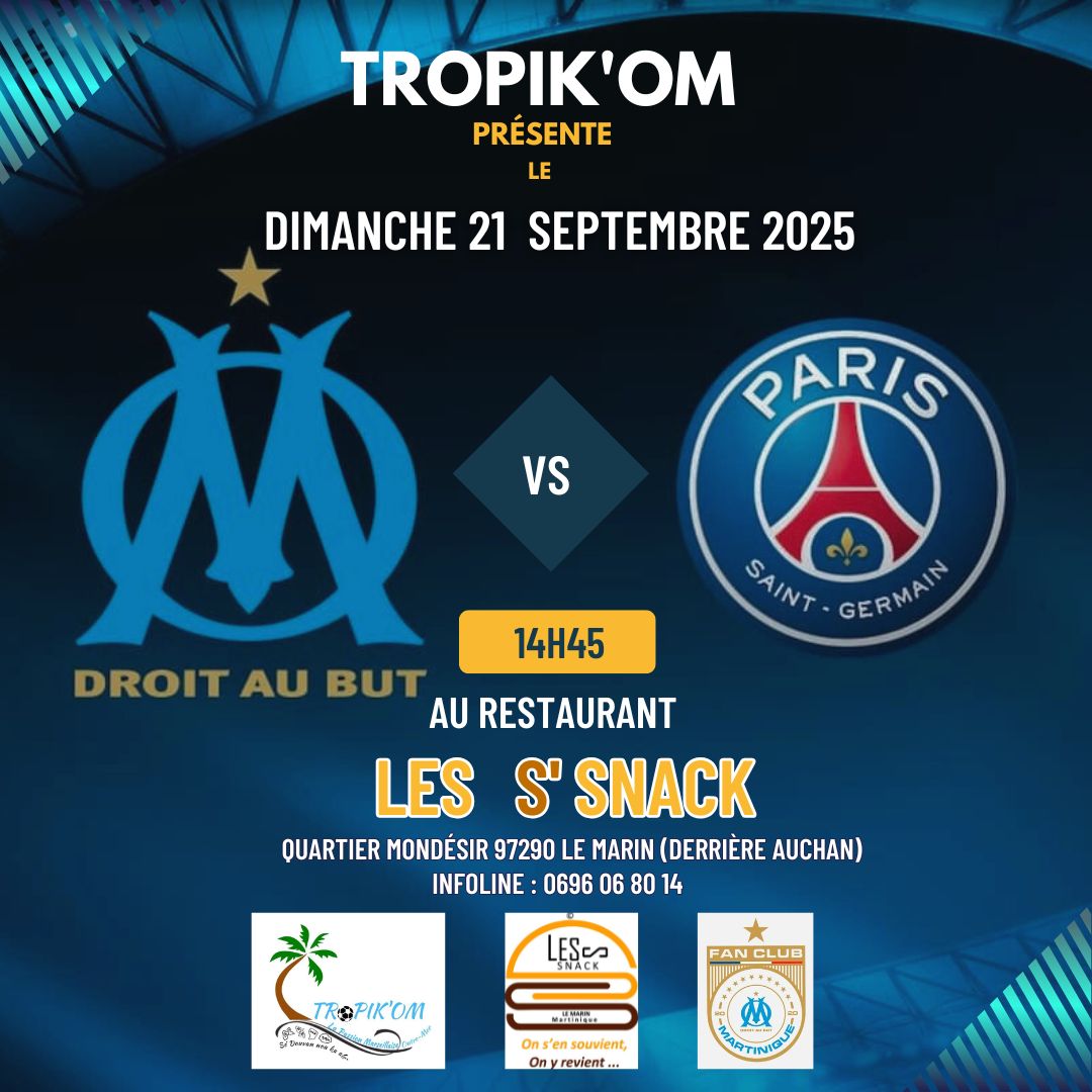 📣Marseillais, Marseillaises RASSEMBLEMENT !!!

📝 Dimanche 21 Septembre 2025
⏱️ 14H45
👕 Olympique de Marseille vs PSG 

📍 Les S' SNACK Quartier Mondesir 97290 Le Marin (derrière Auchan)

 maps.app.goo.gl/iKoZZcXU2jWyi5…

<a href="/OM_Officiel/">Olympique de Marseille</a> <a href="/Vincent_1393/">𝐕𝐢𝐧𝐜𝐞𝐧𝐳𝐨 𝐓𝐨𝐦𝐦𝐚𝐬𝐢</a> <a href="/KaiKenza/">𝕂𝕒𝕚&𝕂𝕖𝕟𝕫𝕒</a> <a href="/RCI_MQ/">RCI Martinique</a>