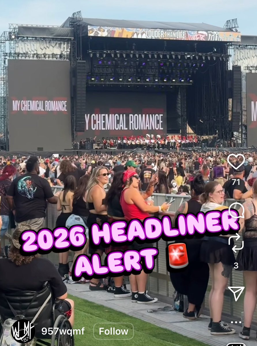 gwayupdates's tweet image. My Chemical Romance officially to headline Welcome to Rockville, Sonic Temple, and Louder than Life in 2026! 

The news was just announced to the crowd at Louder than Life.