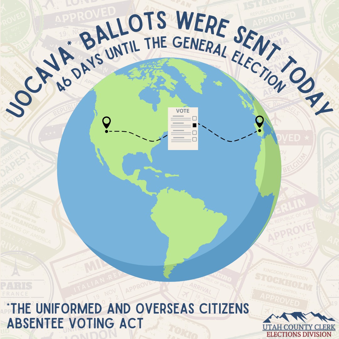 UOCAVA Ballots for the November 4th General Election were sent out to Military and Overseas Citizen Voters today!

Visit vote.utahcounty.gov/voter-informat… for more information!