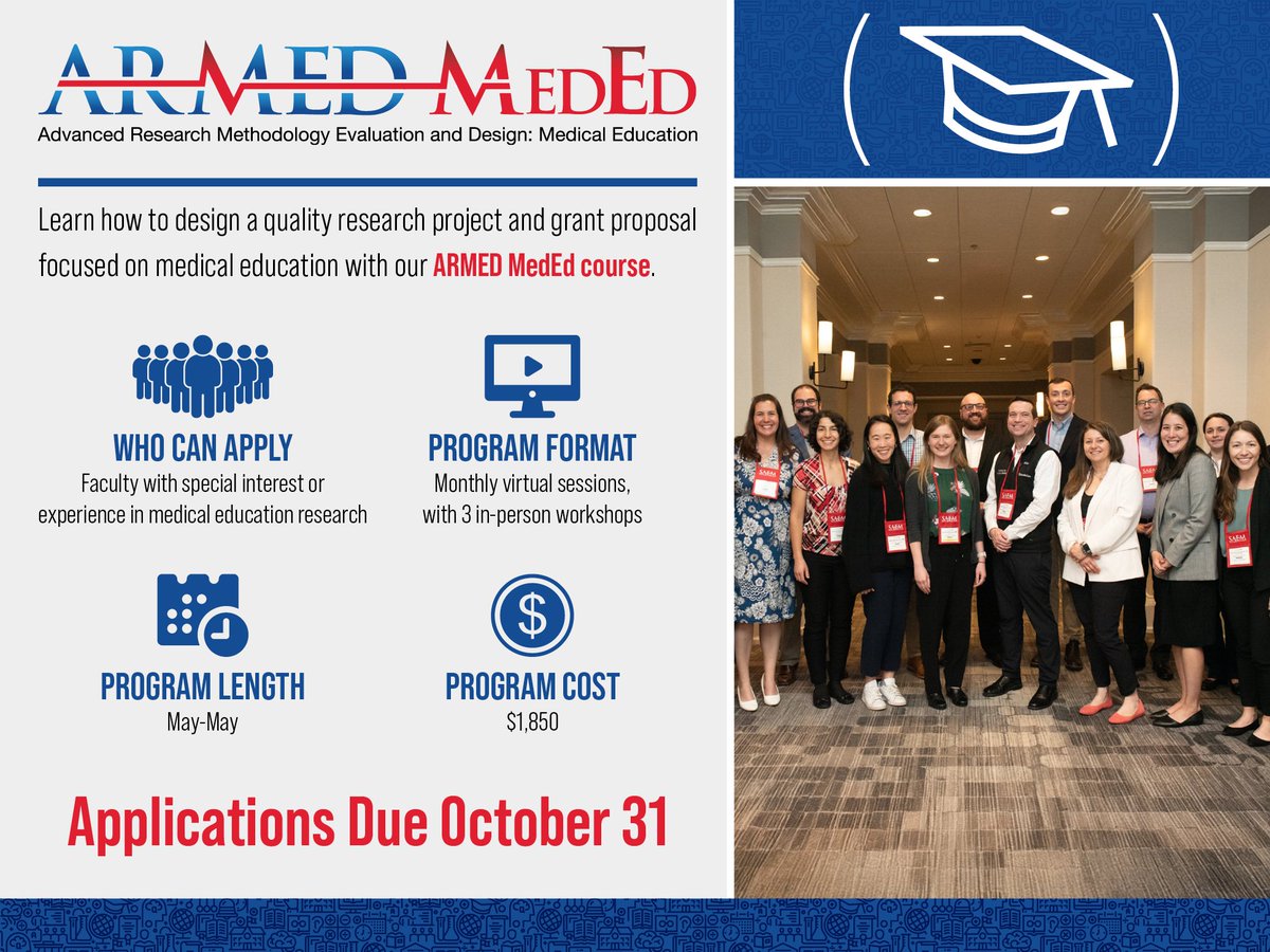 SAEMonline's tweet image. Learn how to design a quality research project and grant proposal focused on medical education with SAEM's ARMED #MedEd course! #EMResearch

Applications for the 2026-2027 cohort are due October 31: ow.ly/Viq750WEJzo
