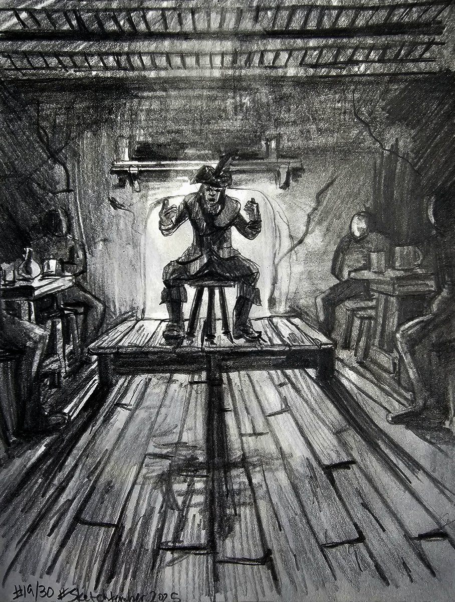 jenniashbart's tweet photo. No 19/30 #Sketchtember2025
Spooky bard time.
This one was fun. I liked including few details it was rather therapeutic to be honest.
What story is this dude telling? And why are the patrons so creepy?
#drawdaily #dailydrawingchallenge #fantasyrpgart #ttrpg https://t.co/oZTk5Y4LN8
