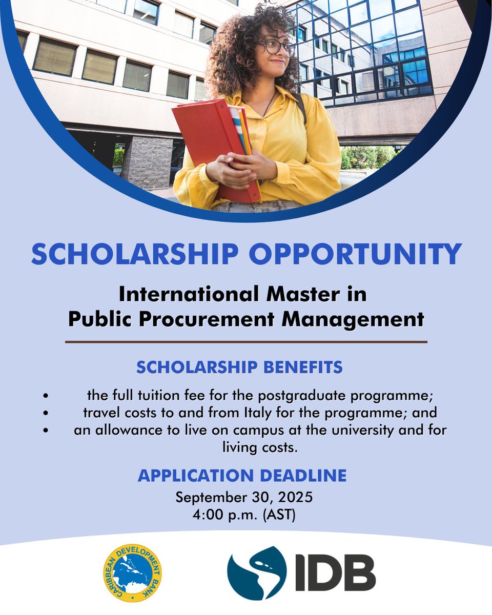 Caribank's tweet photo. 🔊 Have you heard?
@Caribank and @the_IDB have opened applications for 3️⃣ fully funded scholarships to pursue the renowned @MasterIPPM at the University of Rome Tor Vergata.
Apply today! 🔗https://t.co/R99PNoSJJ7
📅 Deadline: September 30, 2025 at 4:00 PM (AST).
#OurCDB #CDBScholarship #OpportunityKnocks