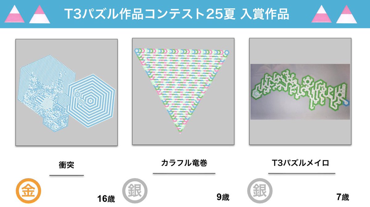 T3パズル作品コンテスト25夏 入賞作品発表！ 金賞、銀賞をご紹介です。
金：衝突
銀：カラフル竜巻
銀：T3パズルメイロ
#T3パズル #作品コンテスト 
tessellation.jp/t3summer/2025