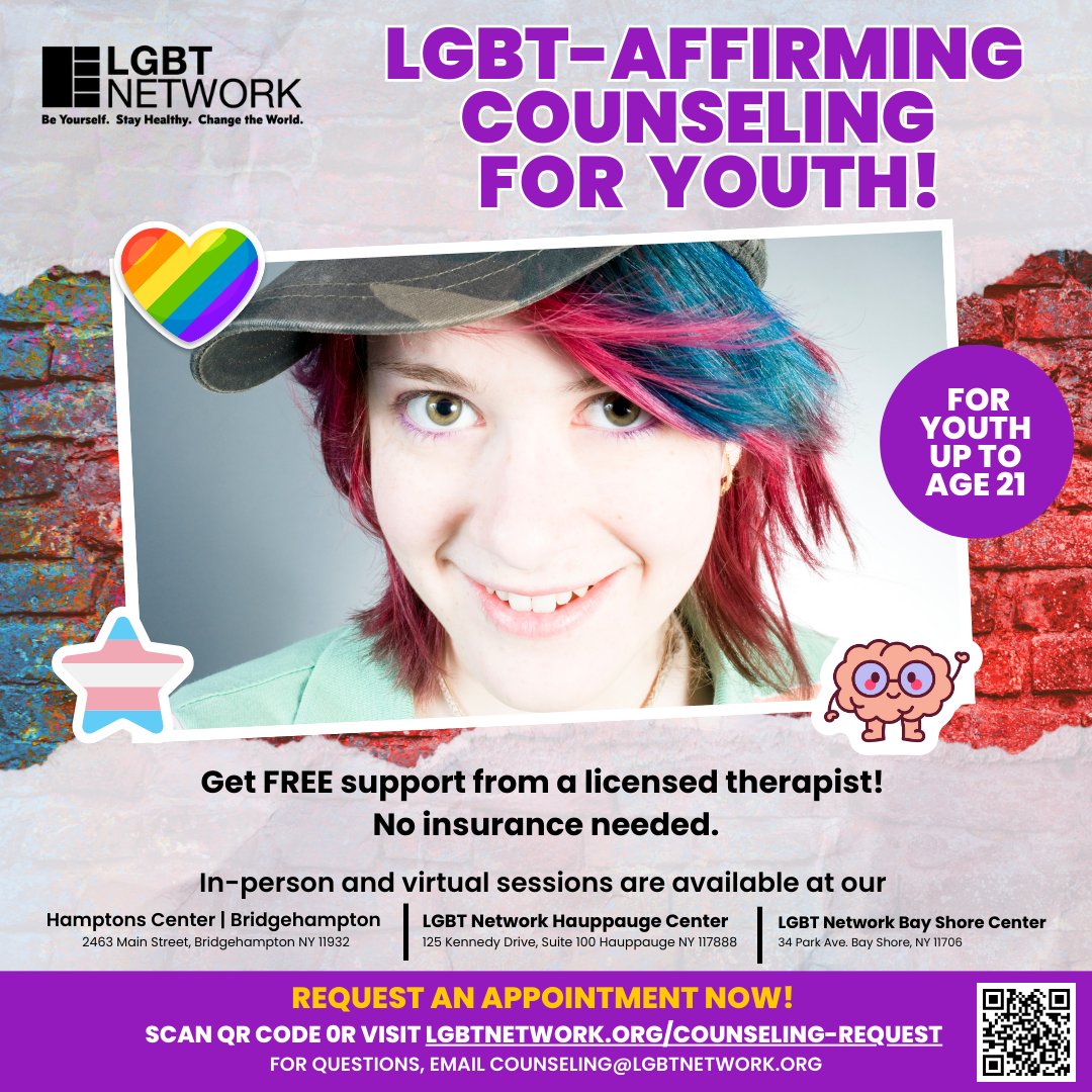 NYLGBTNetwork's tweet image. In times like these, LGBTQ youth need safe spaces more than ever. 🏳️‍🌈

@LGBTNetworkNY grant-funded, affirming counseling with licensed professionals—no insurance required.

💬 lgbtnetwork.org/counseling-req…
📧 counseling@lgbtnetwork.org
📞 (631) 665-2300

#YouAreNotAlone #LGBTQSupport