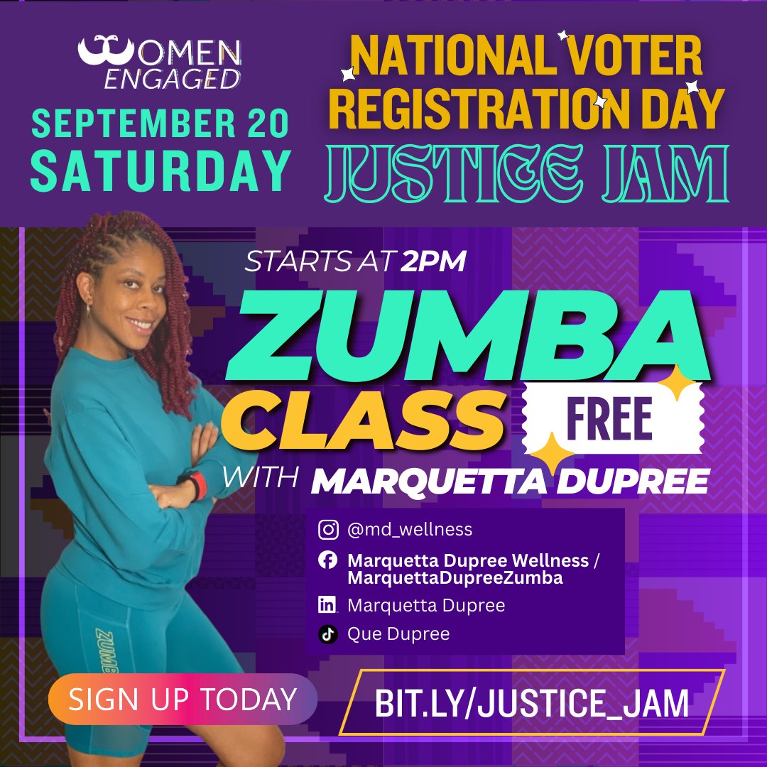 FREE Zumba with Marquetta Dupree! Join us Sat, Sept 20 at 2 PM at Women Engaged’s #NationalVoterRegistrationDay Justice Jamboree for movement, joy &amp; voter power. RSVP here → bit.ly/justice_jam