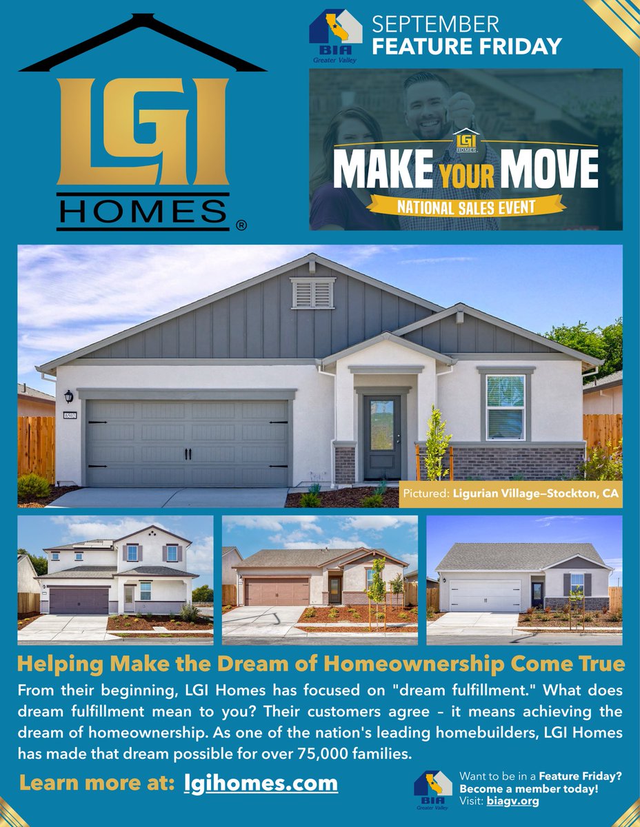 Our September #FeatureFriday is LGI Homes!

We're grateful to have LGI Homes, a builder that’s been recognized two years in a row as one of Newsweek's Most Trustworthy Companies in America, as a BIA GV member! 

For more information, visit: lgihomes.com