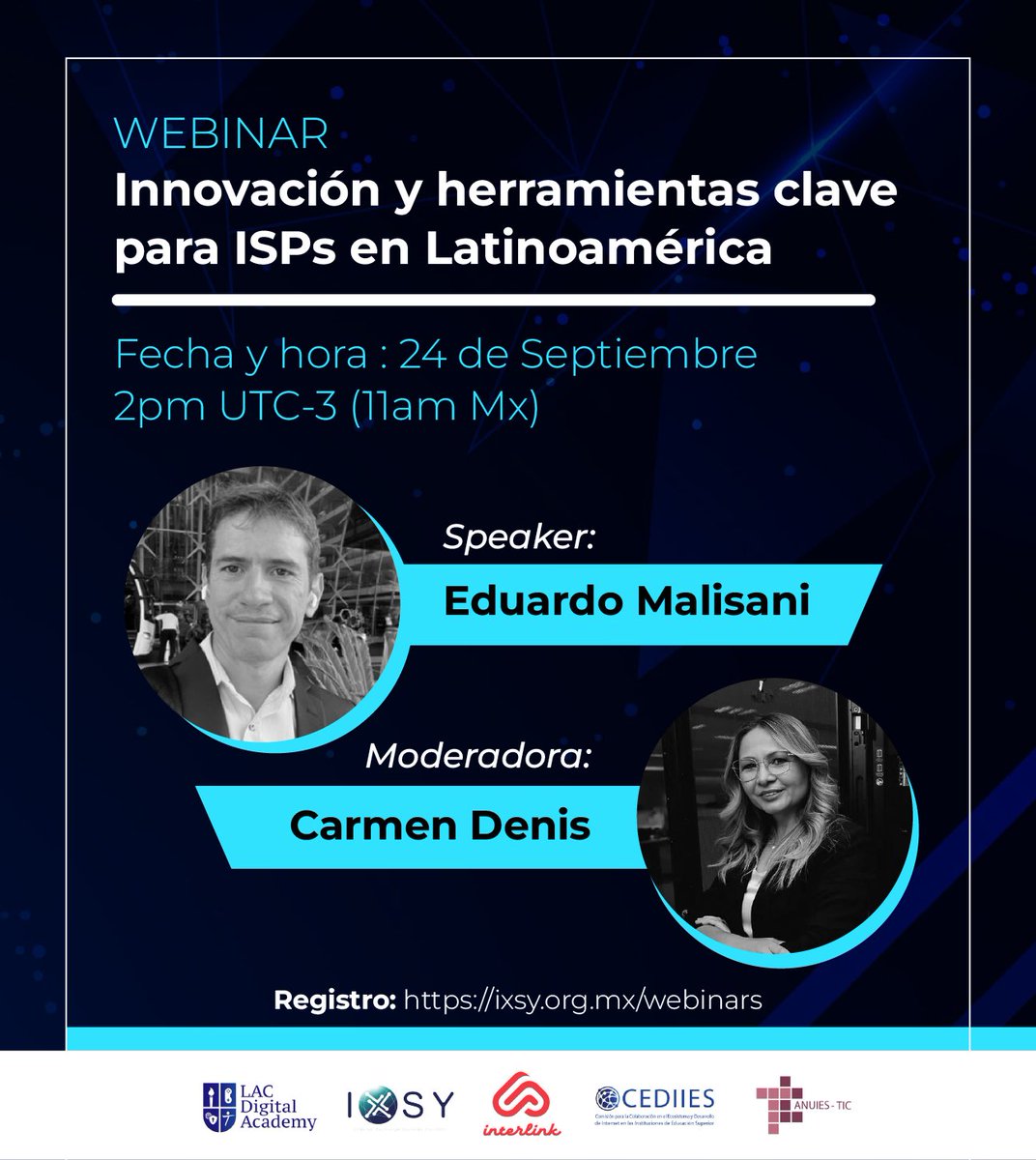 🚀 ¡Nuevo #Webinar para #ISPs en #Latam!

📌 Innovación y herramientas clave para ISPs en Latinoamérica
🗓️ 24 de septiembre | 11:00 am MX
🎙️ Con Interlink + IXSY

👉 Regístrate aquí: ixsy.org.mx/webinars

#TransformaciónDigital #Conectividad