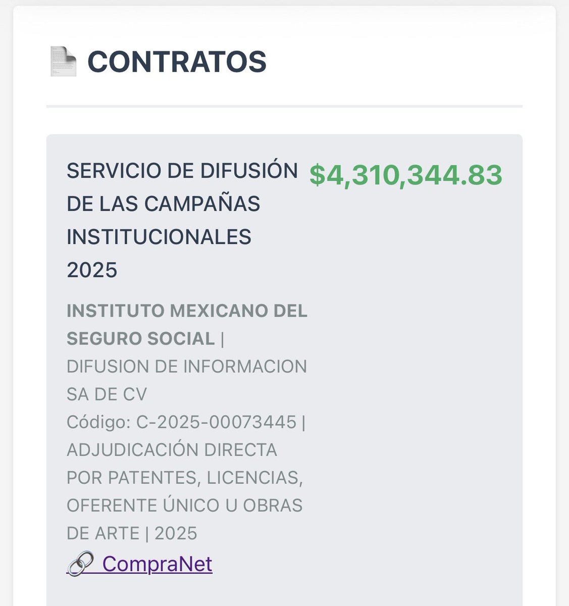 El medio de comunicación de <a href="/contralinea/">Contralínea</a> perteneciente a <a href="/nancy_contra/">Nancy Flores 🇵🇸</a> recibió un contrato de 4.3 millones de pesos por parte del IMSS. 

Puede que no haya dinero para medicamentos, mantenimiento de elevadores o insumos… pero sí hay para chayote.