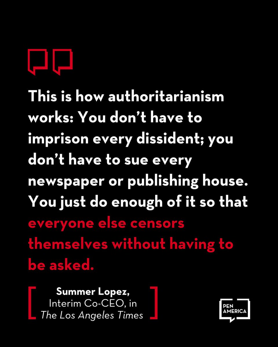 "We are at risk of losing one of our most precious freedoms: the freedom to write."

In a new op-ed in The Los Angeles Times, PEN America's Summer Lopez warns the assault on free speech in the United States has "entered an alarming new phase." Read more: latimes.com/opinion/story/…
