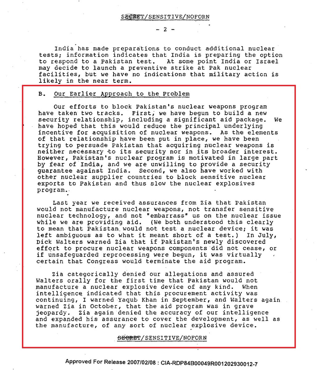 Azam_Mac_89's tweet photo. I wonder when Pakistanis are going to be brave enough to partially credit "He Who Must Not Be Named" for the acceleration of Pakistan's nuclear weapons program.

I've been reading through the NSA declassified archives over the period and Zia ul Haq pretty much used every trick in the book to delay and obfuscate the Americans when they were pressuring him over Pakistan's nuclear weapons program from 1979 to 1988.

It's kind of shocking how well he was able to just deny it, pretend he had no knowledge of it or state that the intelligence was wrong, all while the evidence was mounting up. Didn't trigger the Pressler amendment either although it was only a matter of time before it did when the US's intelligence became more damning.

Expertly did this while also still extracting concessions from the US like the F-16 military package.

It's actually ironic how so many Pakistani leaders with different ideological persuasions (opposed to each other) were all of one mind when it came to the nuclear program and how each of them built on what their predecessors had done.

Pakistan could use that "Pakistan First" mentality in other realms like the economy. If Pakistanis can build a nuclear weapons program - imagine what more it could achieve if everyone was on board with one another.