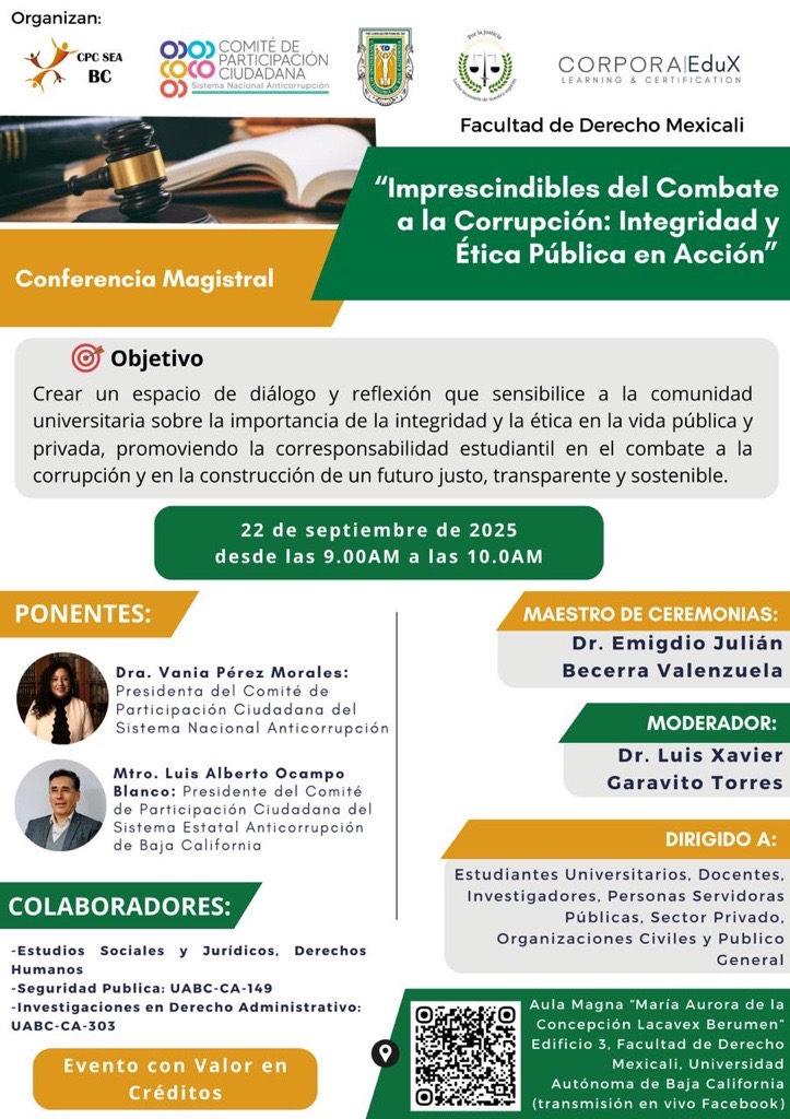 #NOTELOPIERDAS

@vaniadelbien presidenta del #CPC del #SNA te invita a participar en Conferencia Magistral “Imprescindibles del Combate a la Corrupción: Integridad y Ética Pública en Acción”.

🗓️ 22 de septiembre de 2025
⏰09:00 hrs
🎥 facebook.com/share/165xycnk…