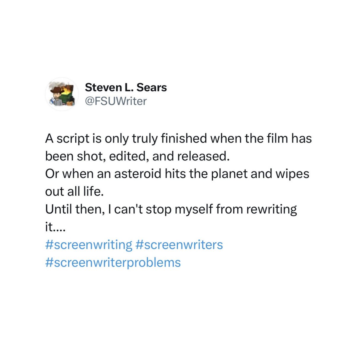 WSL_Spotlight's tweet image. Happy Friday, writers 🧠📷 Whether you’re chasing pages or chasing rest this weekend, we hope you make time for you. Your story is worth it.
#ScreenwriterLife #WeekendWritingClub #WritingHumor #ChaseTheDream