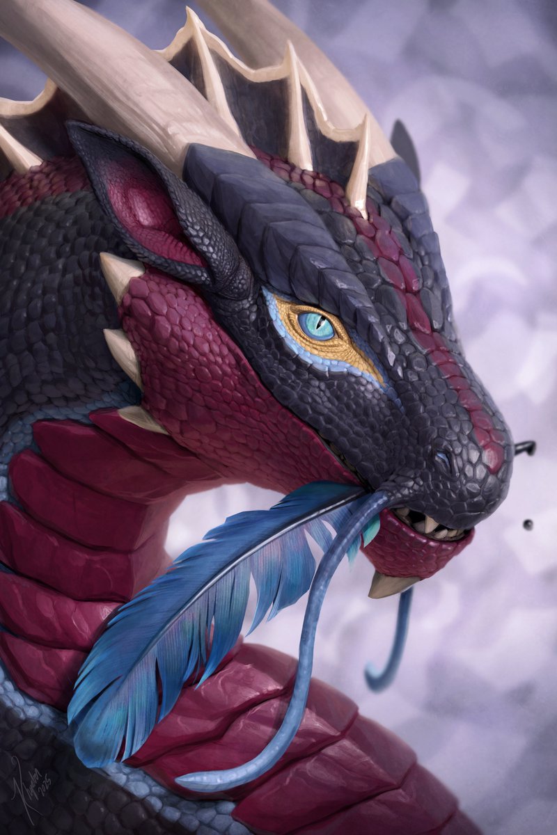 (FURSONA REVEAL) 

-With a grumbling noise, the dragon turns his head sideways, sniffs the quill, then awkwardly picks it up in his mouth. The long dangly whiskers get hung up on the feather. Chuffing, he shakes them loose until they hang freely. Then he stands upright, looking