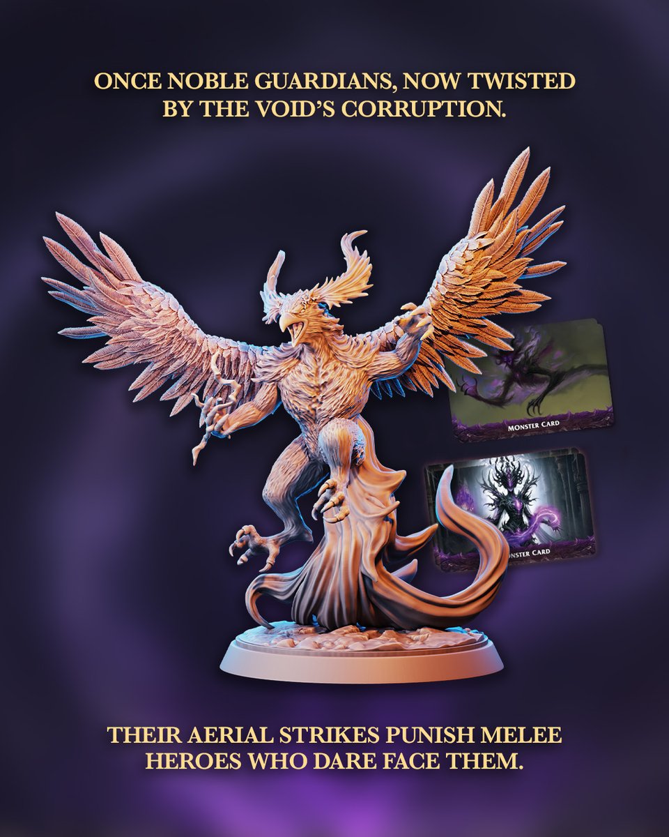 Daily Reveal: the Void Gryphon takes flight.

Corrupted by the Void, it punishes melee heroes with devastating aerial strikes.

👉 Back NOW on Gamefound:
gamefound.com/en/projects/dr…

#SpellRiftLegends #BoardGames #TabletopGaming
