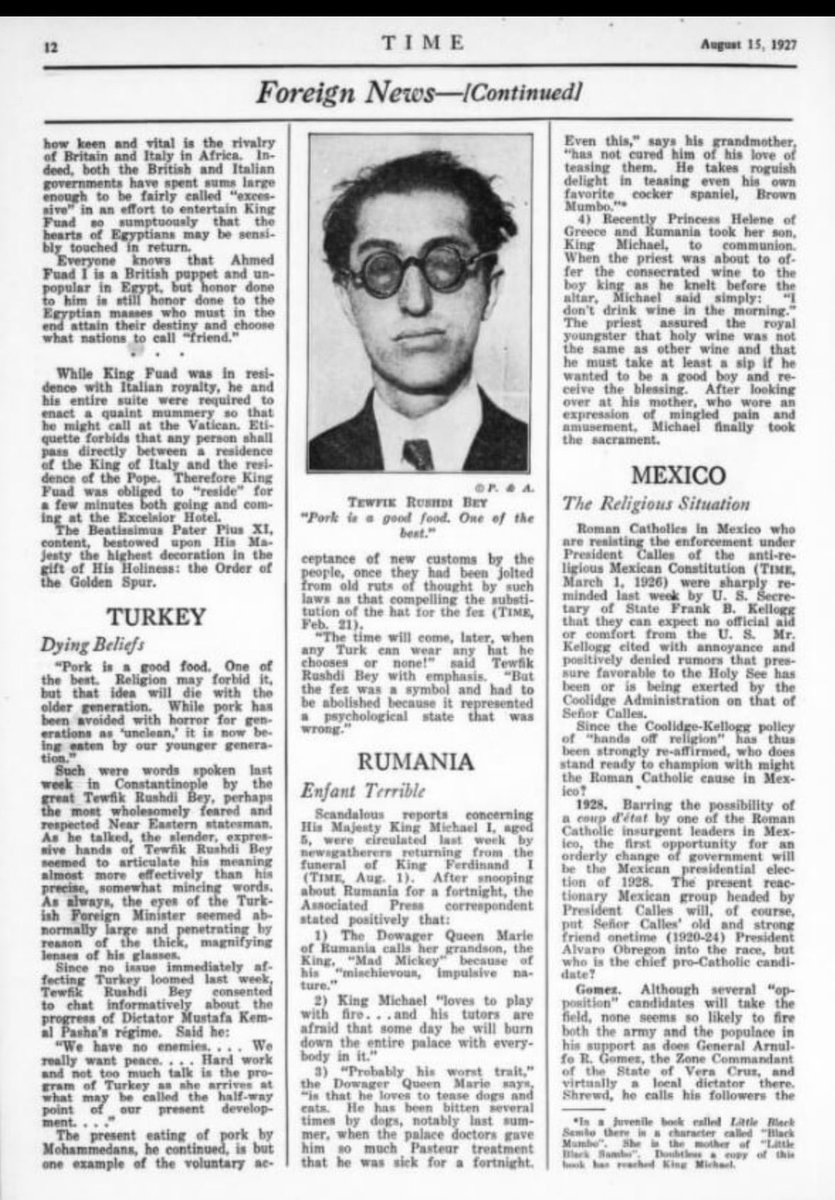 banalreis's tweet photo. 🇺🇸 Time dergisi 1927

Türkiye Dışişleri Bakanı Tevfik Rüştü Aras : 

“Domuz eti güzel bir yiyecek. En iyilerinden biri. Din bunu yasaklıyor olabilir, fakat bu fikir eski kuşakla beraber ölecektir. Domuz etinden kuşaklar boyunca temiz olmadığı gerekçesiyle kaçınılmışken, şimdi bizim gençliğimiz bu eti yiyor.” 😳