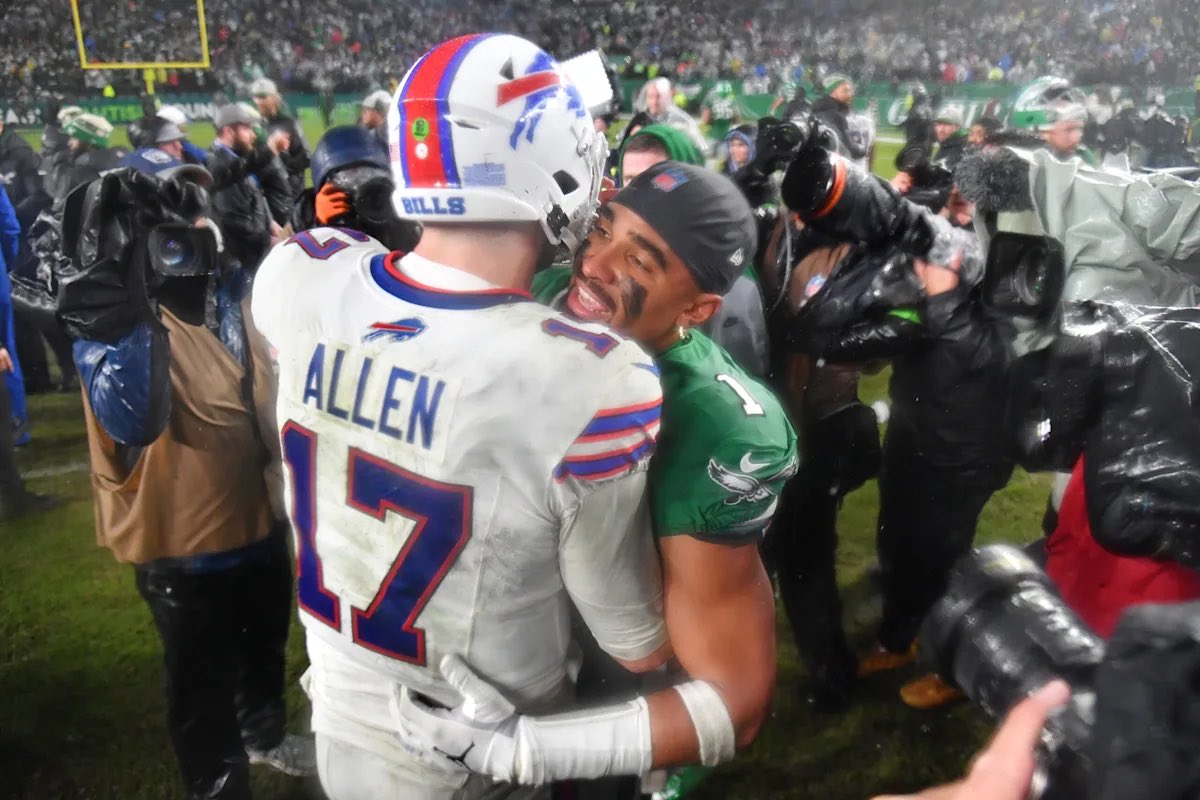#Eagles Jalen Hurts
vs.
#Bills Josh Allen

(last 18 full games)

                  Hurts      Allen
MVP             1               1
Record    18-0       16-2
cmp         70.9%   66.6%
TD               39           43
TO                4              6

Two of the league’s best.