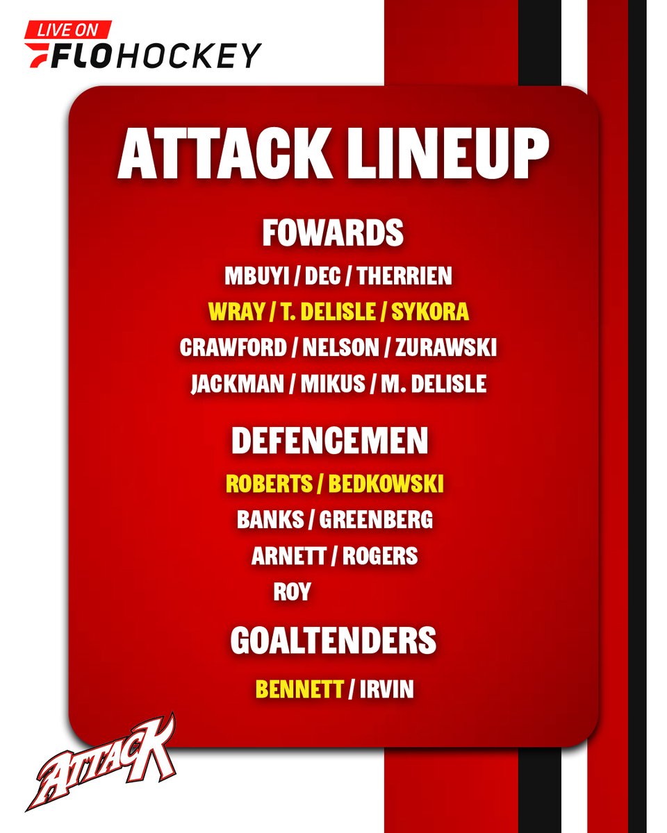 AttackOHL's tweet photo. Puck drops at 7pm! Don't miss the game being streamed on @FloHockey !
note: Zack Irvin has been called up to preform as the Attack's backup goalie for tonight's match.
Scratches:
Blake Munnings
Harry Nansi
Matthew Koprowski
Carter George
#OwenSoundAttack | #AttackAlways https://t.co/W9YUPPGWKS