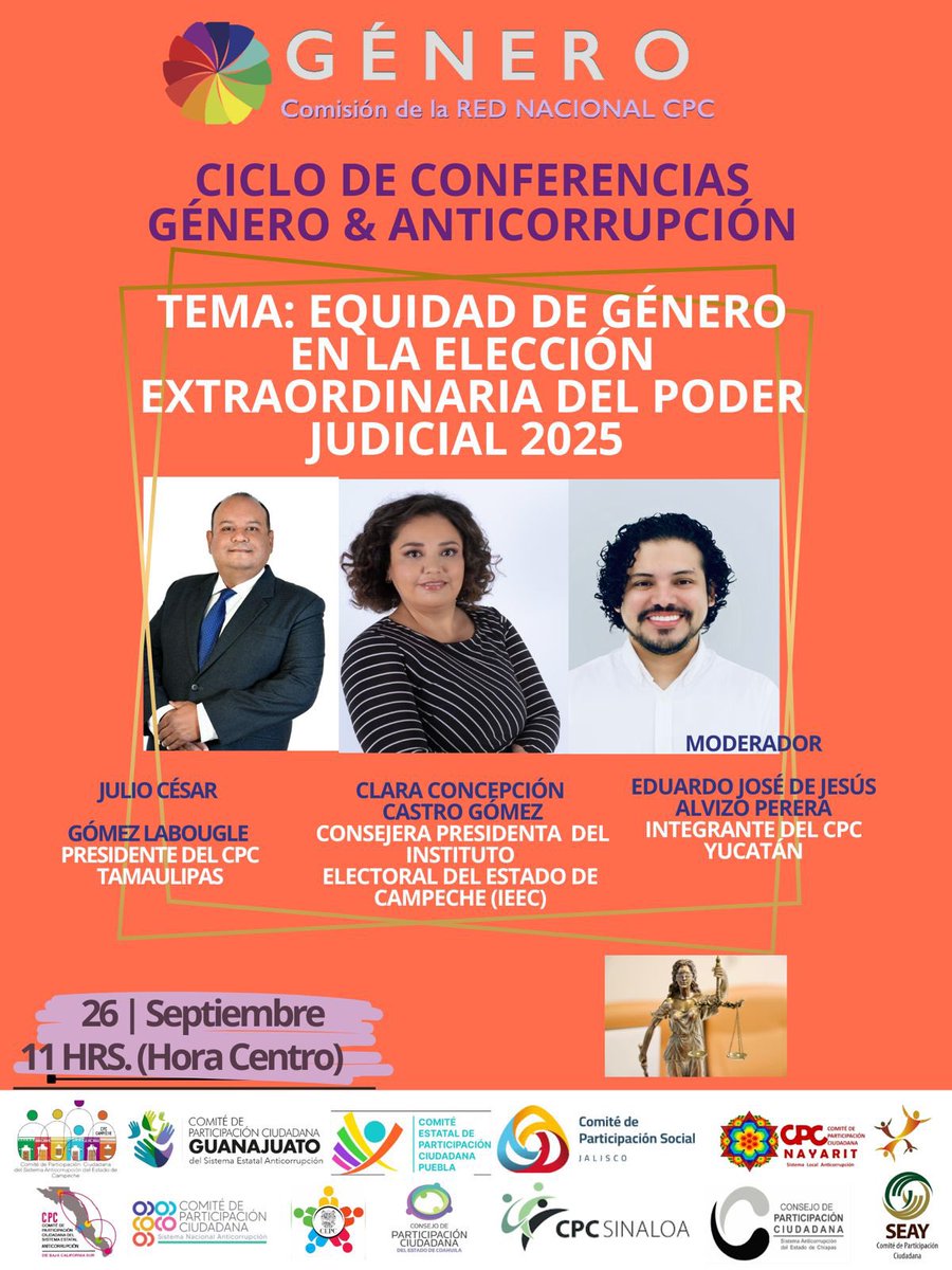 🟣La Comisión de #Género de la <a href="/RedCpcs/">Red Nacional de CPCs</a> invita a la conferencia "#EquidadDeGénero en la Elección Extraordinaria del #PoderJudicial 2025".🗳️

🗓️ 26 de septiembre
⏰ 11:00 horas
🎥Transmisión en vivo por las
RRSS del <a href="/cpsseajal/">cpsseajal</a>.