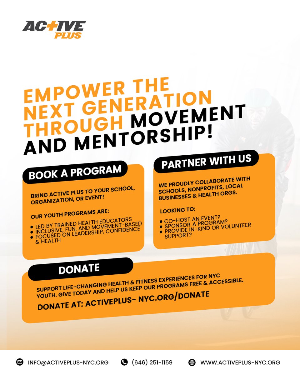 ActivePlusNYC's tweet photo. 💡 Want to make a difference for NYC youth? Here’s how you can get involved with Active Plus:  Have questions or want to learn more? Drop a comment below or send us a DM! Let's chat. 👇  

At Active Plus, we’ve been empowering youth for 10+ years through health, mentorship, and https://t.co/dEGQK6NtCG