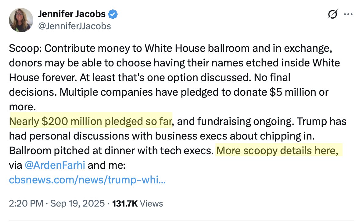 scarylawyerguy's tweet image. Something approaching legalized bribery but all they care about is the "scoopy details" I mean sure, if you're a company that wants to curry favor with Trump, donating to this monstrosity is probably a good way to do it. Media shrugs.