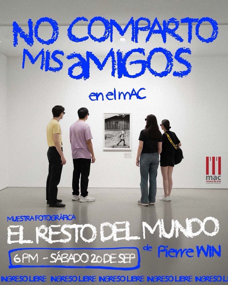 Nuestro gran amigo Pierre Win (director de nuestro videoclip de Peligro Divino) estrena una linda exposición fotográfica en el Museo de arte contemporáneo.
Te esperamos este sábado GRATIS para disfrutar su arte y escucharnos un rato! 🌟🧢