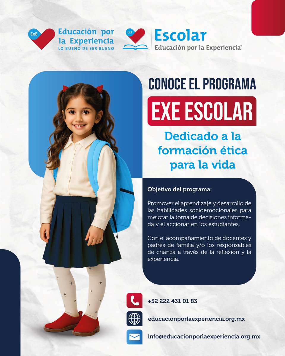 ¿Conoces ExE Escolar: Formación Ética para la Vida? 💙❤️

Si te interesa descubrir e implementarlo en tu colegio, te invitamos a ingresar en: educacionporlaexperiencia.org.mx

Contáctanos:
📞Tel. 222 431 01 83
📲Whatsapp:  222 709 4756 
📩 Correo: info@educacionporlaexperiencia.org.mx