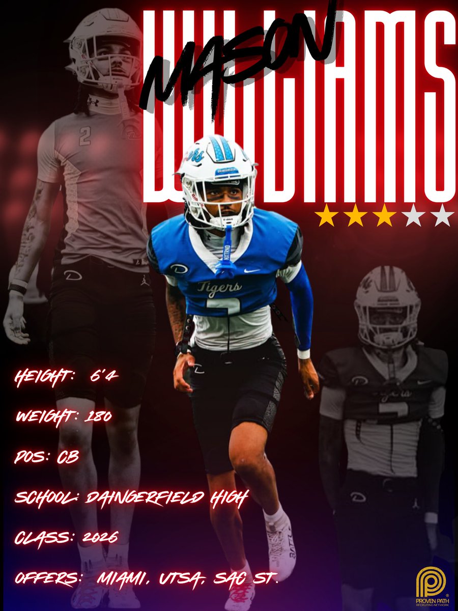 provenpRecruits's tweet image. Use this one for Twitter 

🚨 Lockdown Alert 🚨

Mason Williams | 6’4” 180 | CB | Daingerfield ’26 @_MasonWilliams1 

Long, rangy, disruptive — the prototype at corner. Already holding offers from Miami, UTSA &amp;amp; Sac St. 👀

#PPRN #ProvenPath #Lockdown #CB1